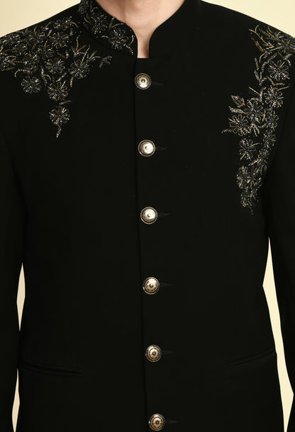 Men’s Bandhgala – Japanese Lycra in Black with Shoulder Placement Embroidery | One Man Show