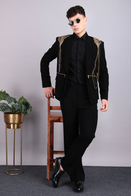Men’s Tuxedo – Japanese Lycra in Black with Golden Embroidery | One Man Show