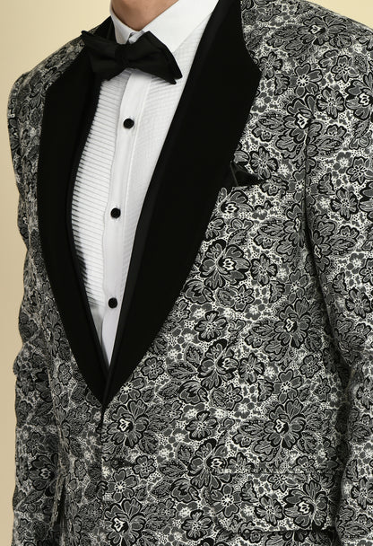 Men’s Tuxedo – Poly Jaquard in Grey with Floral Lapel Design | One Man Show