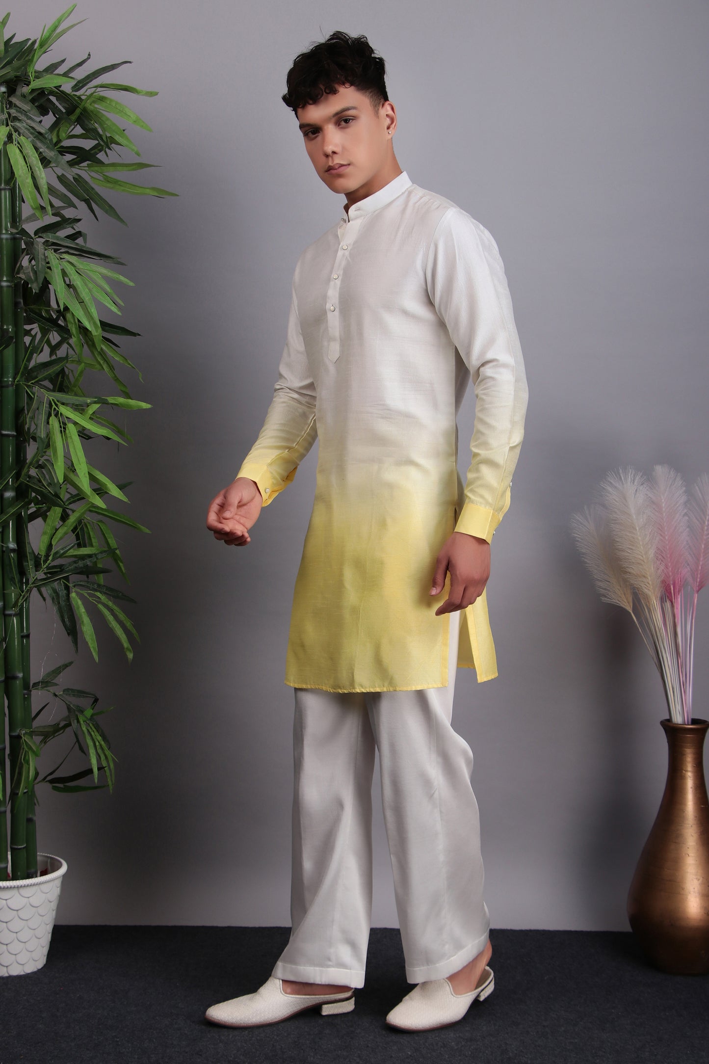 Side view - Men’s Nehru Jacket – Viscose Silk in Yellow with Tie and Dye & Hand Embroidery