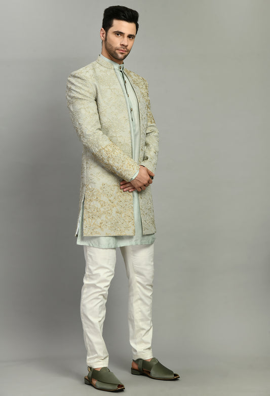 Front view - Men’s Indo-Western – Silk Jaquard in Green with Placement Embroidery