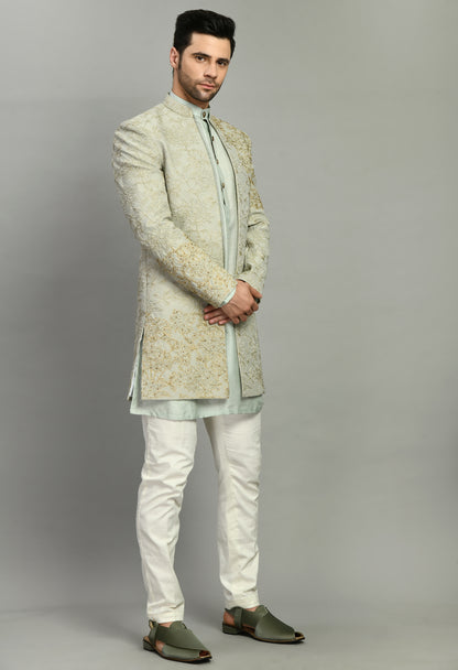 Men’s Indo-Western – Silk Jaquard in Green with Placement Embroidery | One Man Show