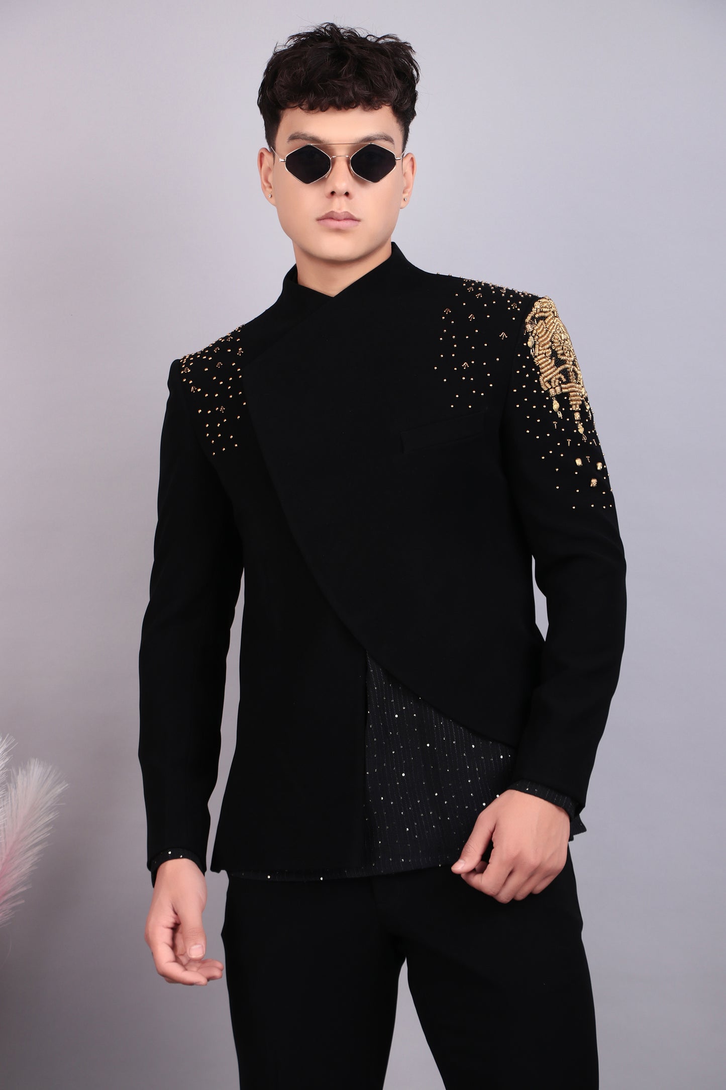 Detail view 2 - Men’s Bandhgala – Japanese Lycra in Black with Hand Embroidery in Gold