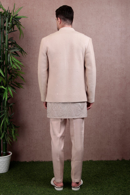 Men’s Kurta Set – Silk in Beige with Silk Thread Embroidered Jacket over Georgette Kurta | One Man Show