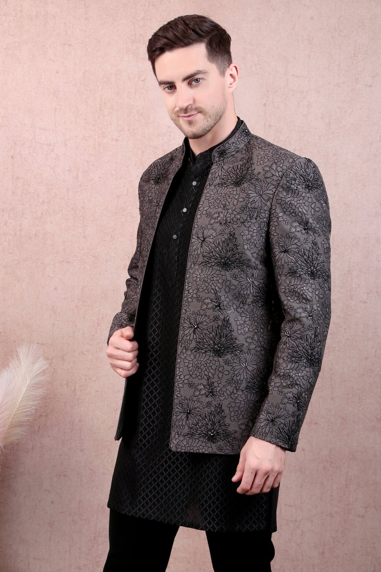 Back view - Men’s Kurta Set – Silk in Grey with Floral Thread & Bead Embroidery Jacket over Georgette Kurta