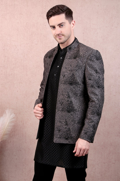 Men’s Kurta Set – Silk in Grey with Floral Thread & Bead Embroidery Jacket over Georgette Kurta | One Man Show