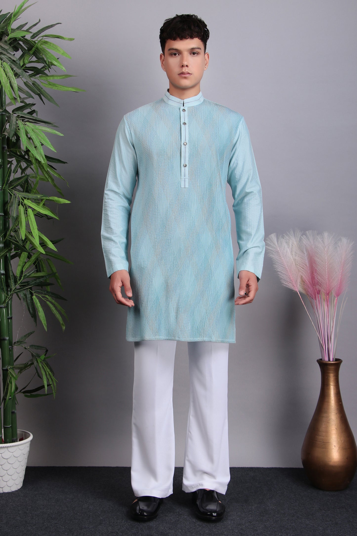 Front view - Men’s Kurta Set – Silk Cotton in Blue with Thread Work and Pintex Fabric Manipulation