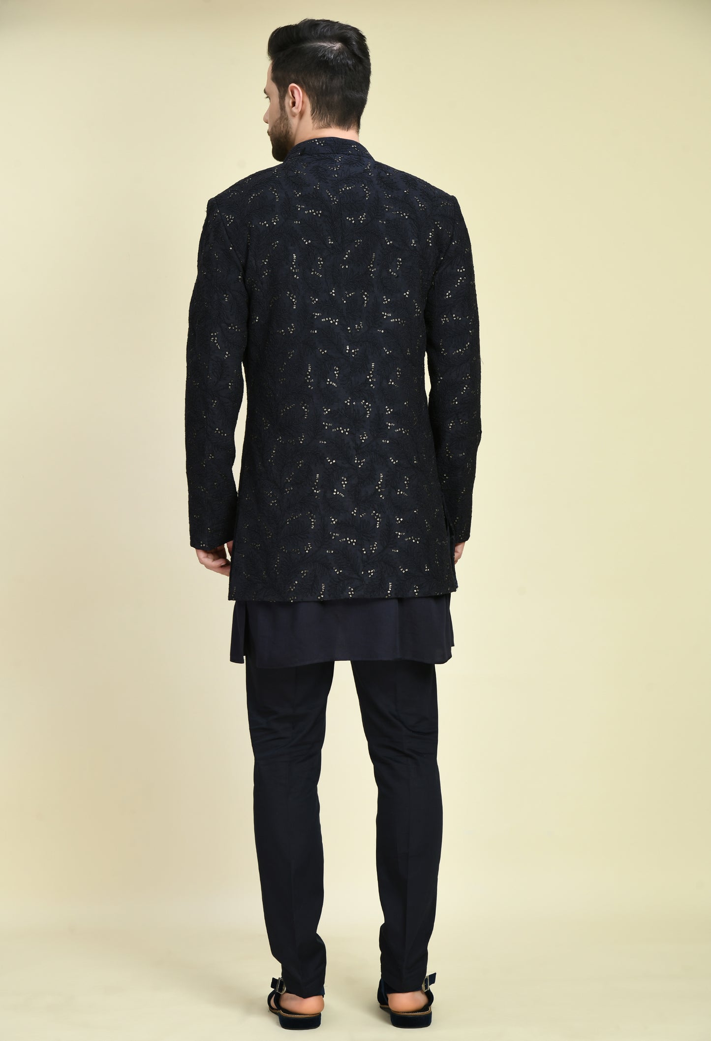 Side view - Men’s Indo-Western – Silk Kurta in Navy Blue with Dori and Sequins Embroidery