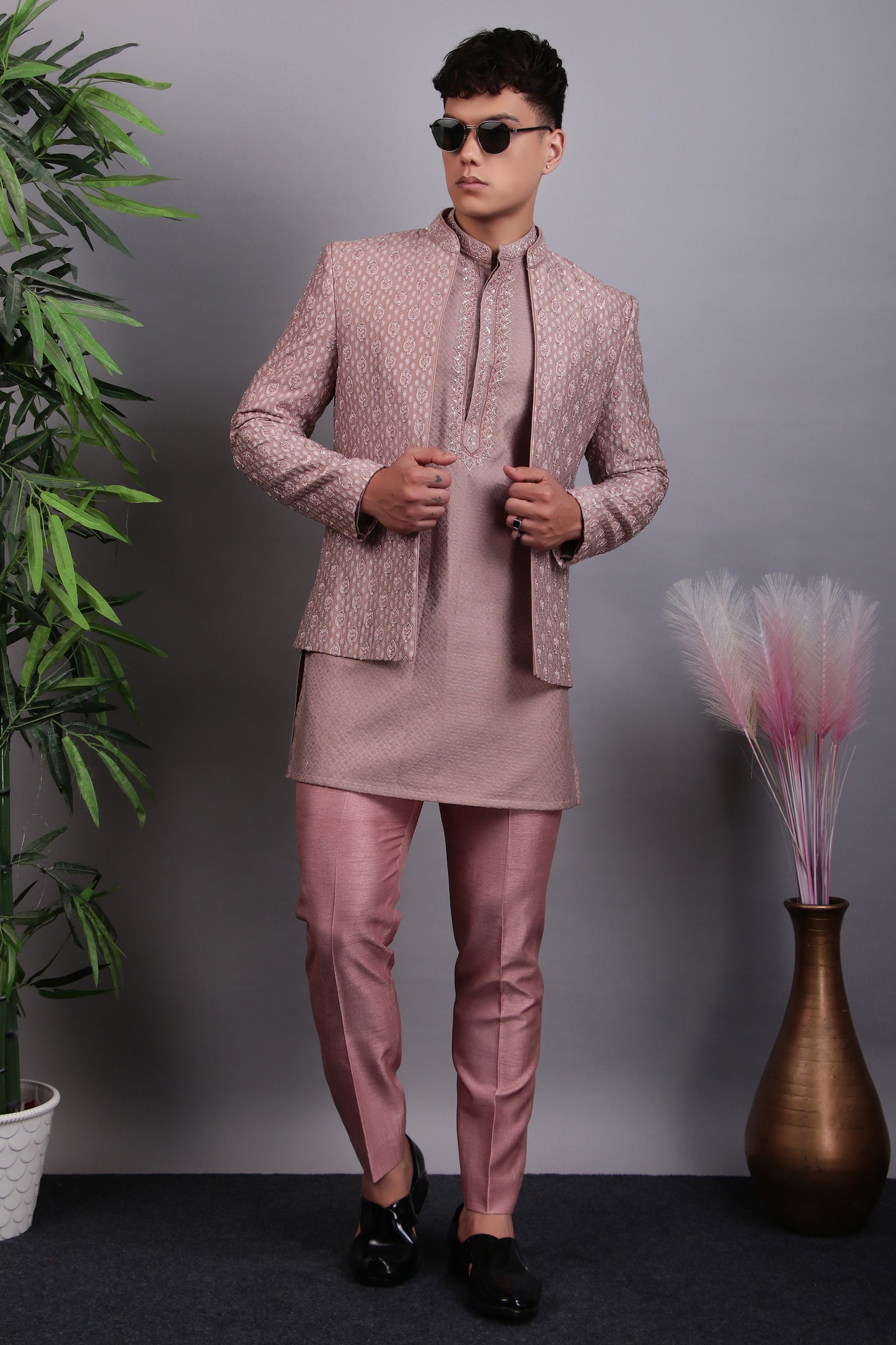 Back view - Men’s Indo-Western – Silk Embroidered Fabric in Pink with Floral Hand Embroidery