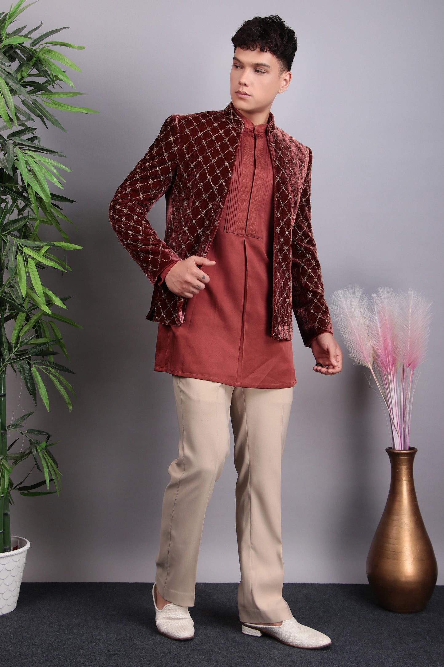 Front view - Men’s Indo-Western – Velvet Embroidered Fabric in Peach with Geometric Hand Embroidery