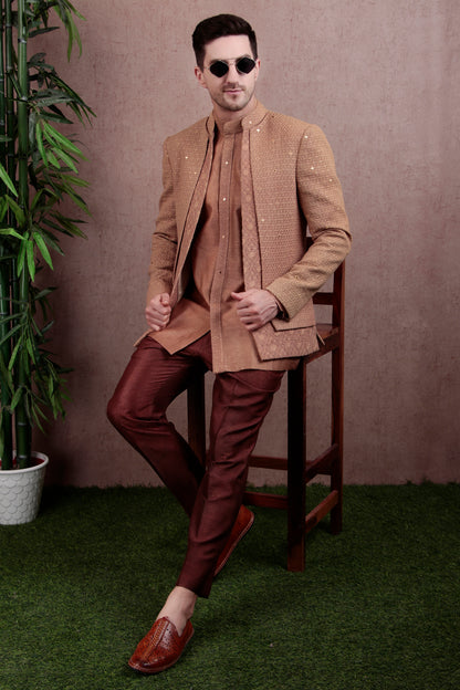 Men’s Jodhpuri Kurta Set – Silk in Light Brown with Silk Thread Embroidery & Layered Open Front | One Man Show