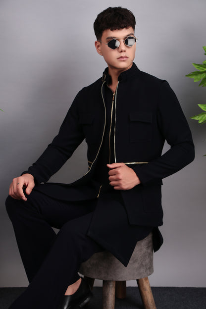 Men’s Nehru Jacket – Japanese Lycra in Blue with Designer Zip Front | One Man Show