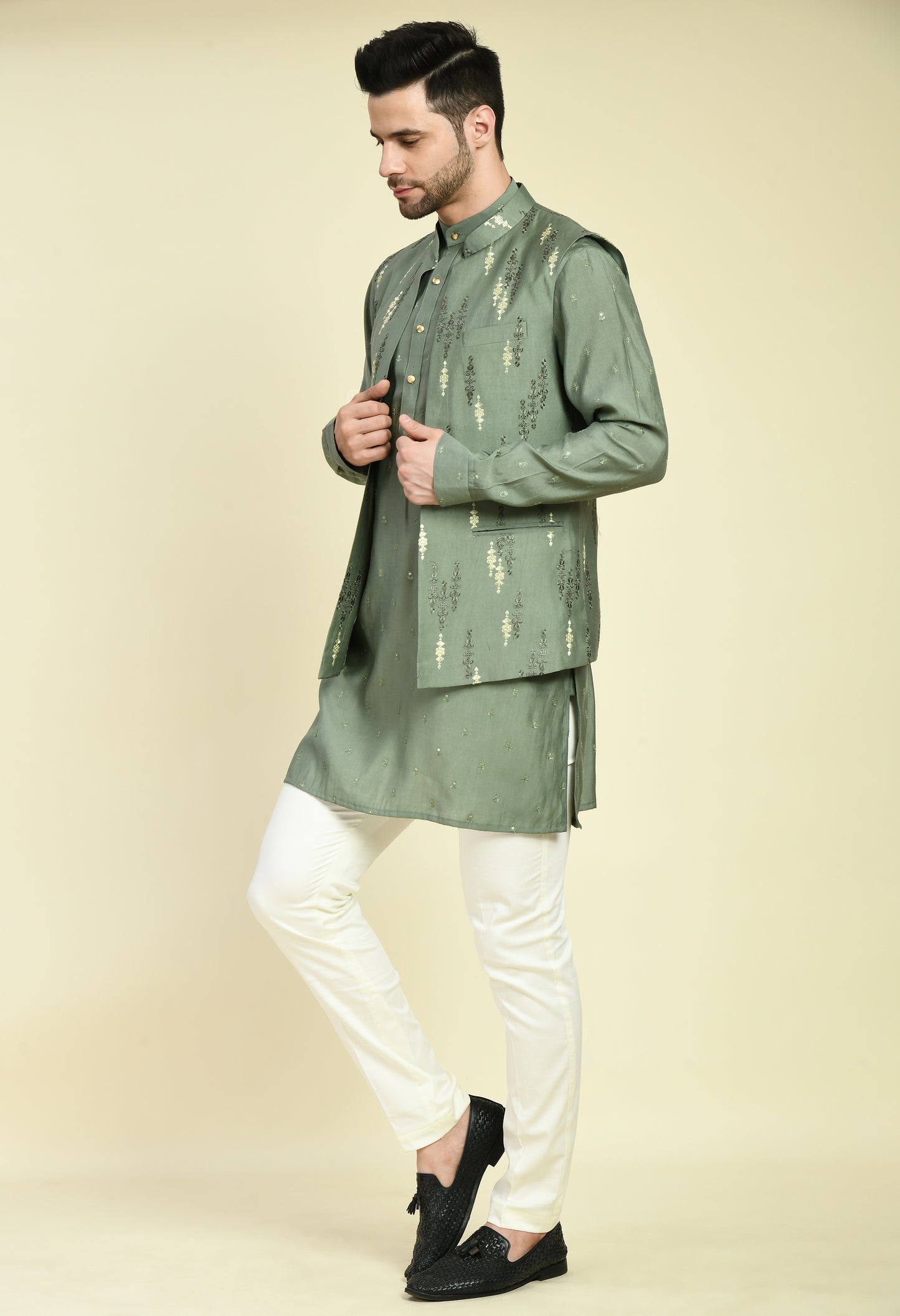 Front view - Men’s Nehru Jacket – Silk Modal in Green with Silk Thread Embroidery