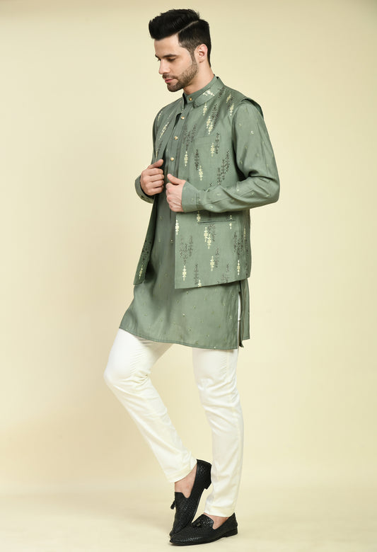 Men’s Nehru Jacket – Silk Modal in Green with Silk Thread Embroidery | One Man Show