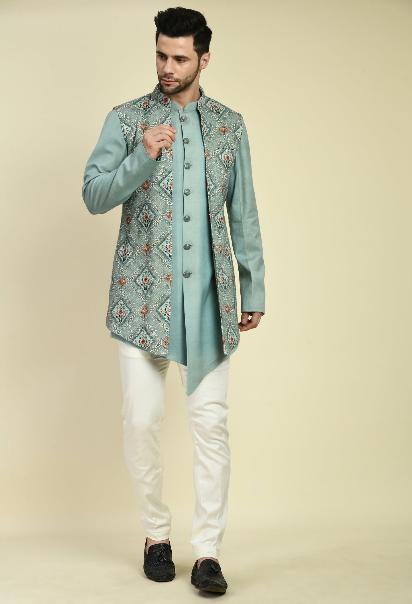 Back view - Men’s Nehru Jacket – Silk in Blue with Front Open Printed Jacket