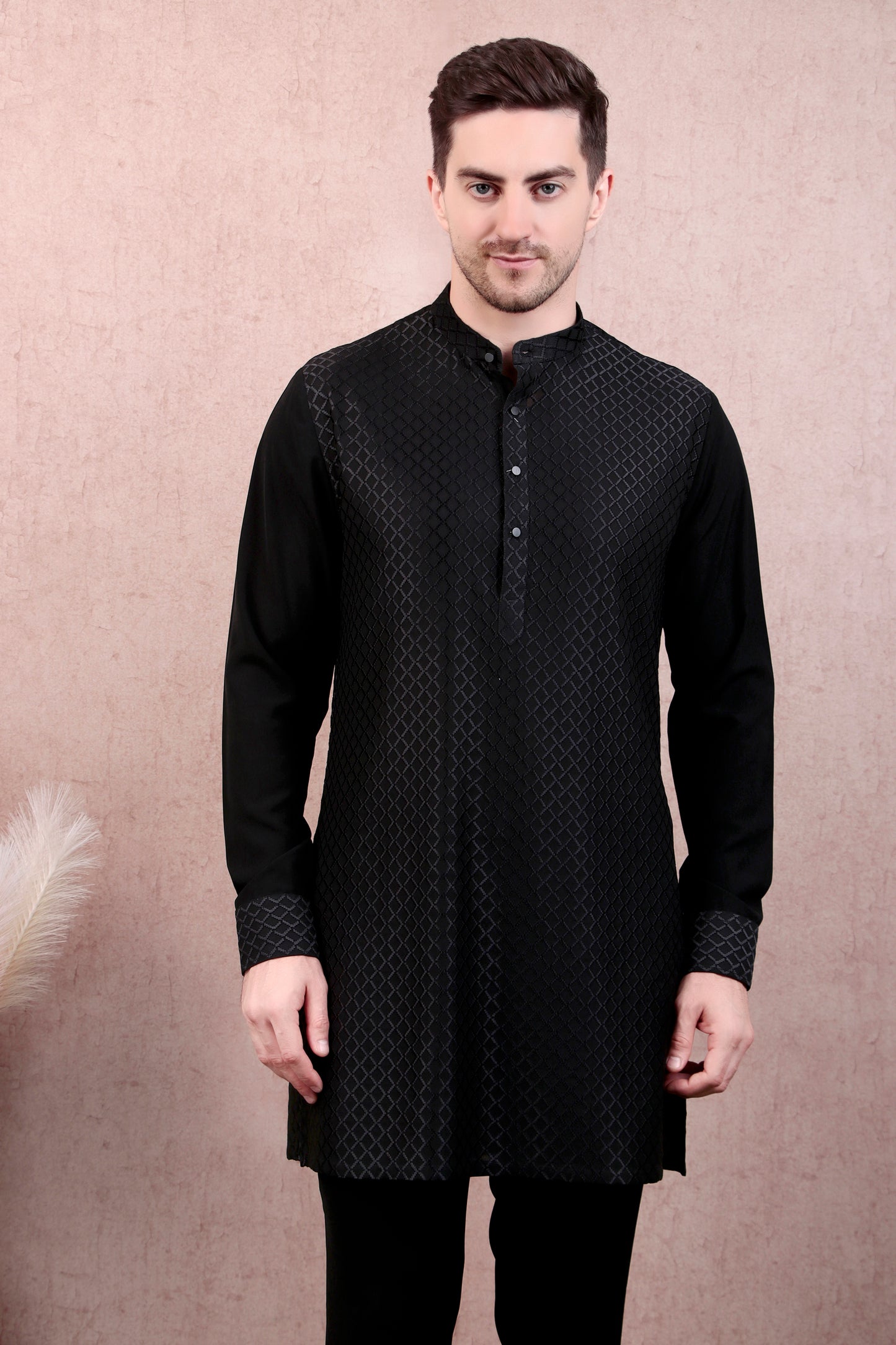 Detail view 6 - Men’s Kurta Set – Silk in Grey with Floral Thread & Bead Embroidery Jacket over Georgette Kurta