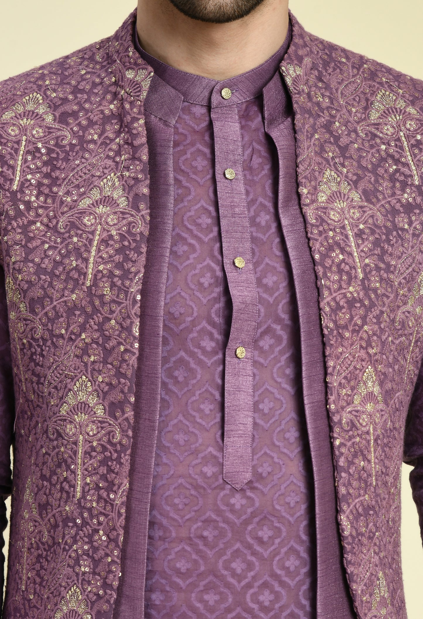 Detail view 1 - Men’s Nehru Jacket – Silk Georgette in Purple with Silk Thread and Zari Embroidery