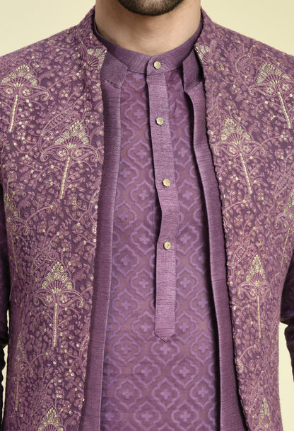 Men’s Nehru Jacket – Silk Georgette in Purple with Silk Thread and Zari Embroidery | One Man Show