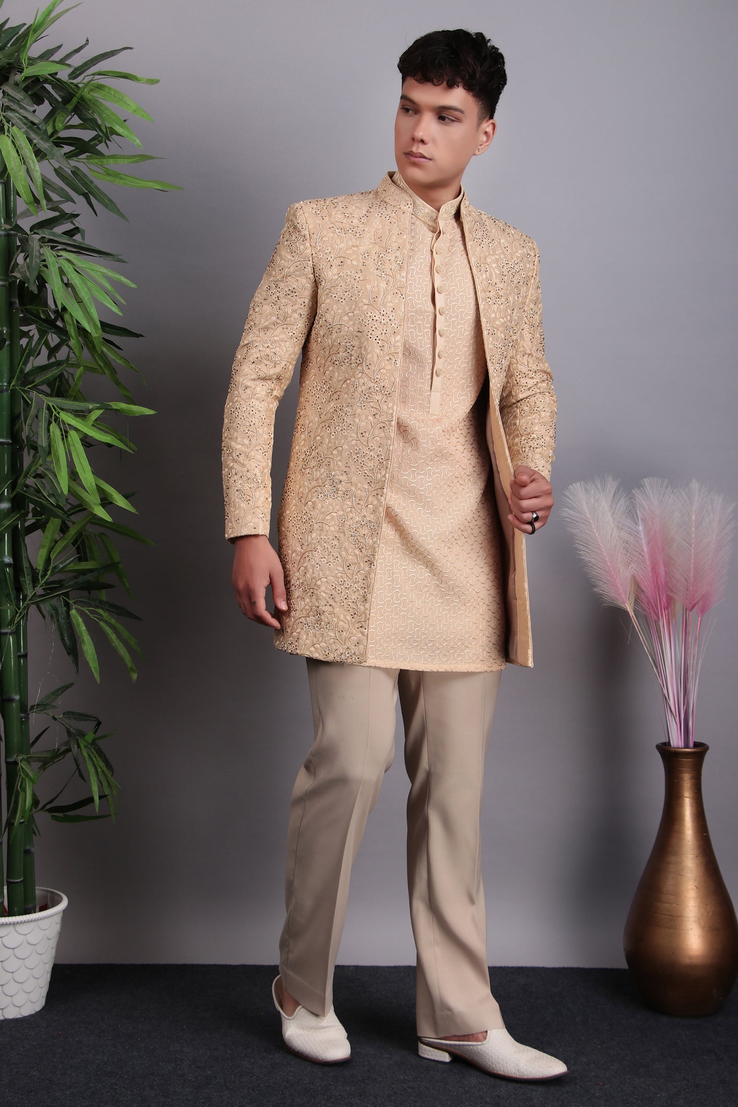 Front view - Men’s Indo-Western – Silk Embroidered Fabric in Beige with Floral Hand Embroidery