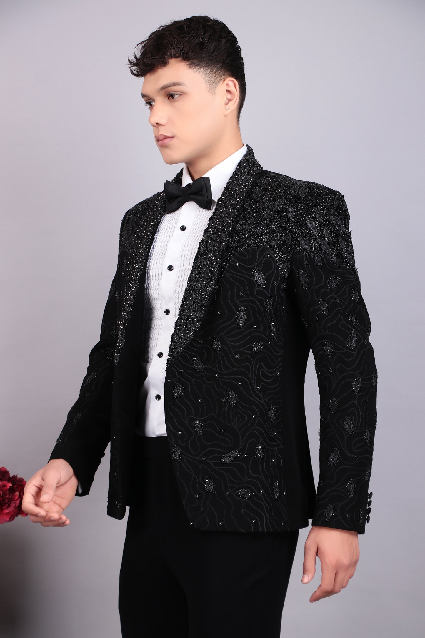 Detail view 1 - Men’s Tuxedo – Japanese Lycra in Black with Embroidery and Leather Applique