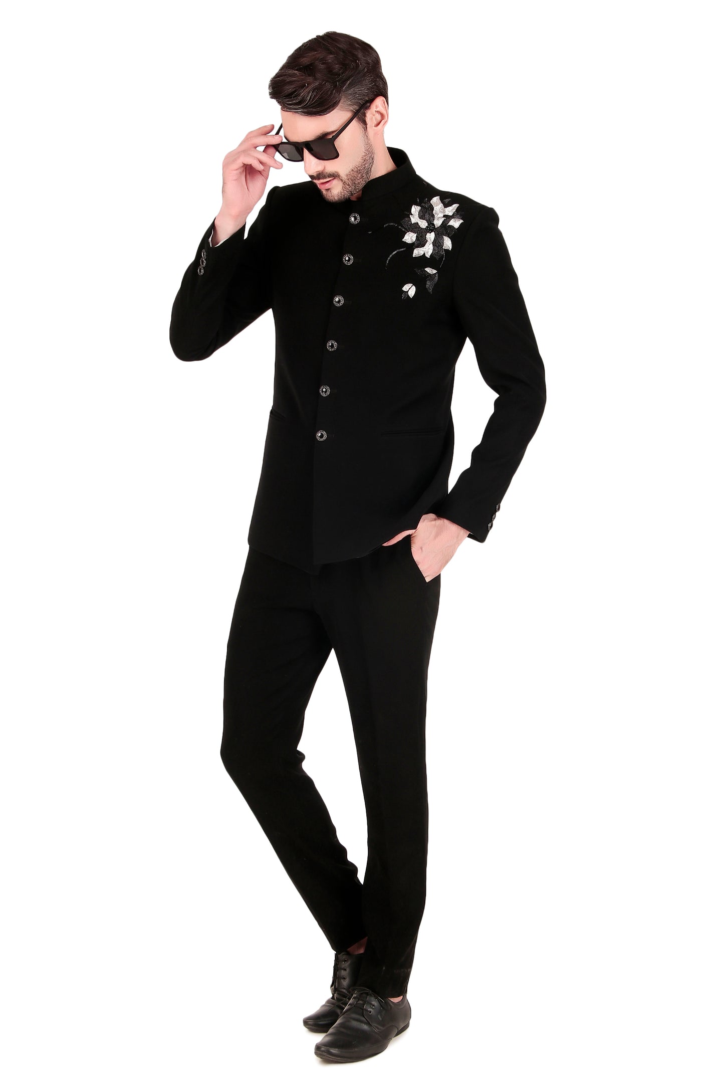 Detail view 5 - Men’s Bandhgala – Japanese Lycra in Black with Shoulder Placement Embroidery