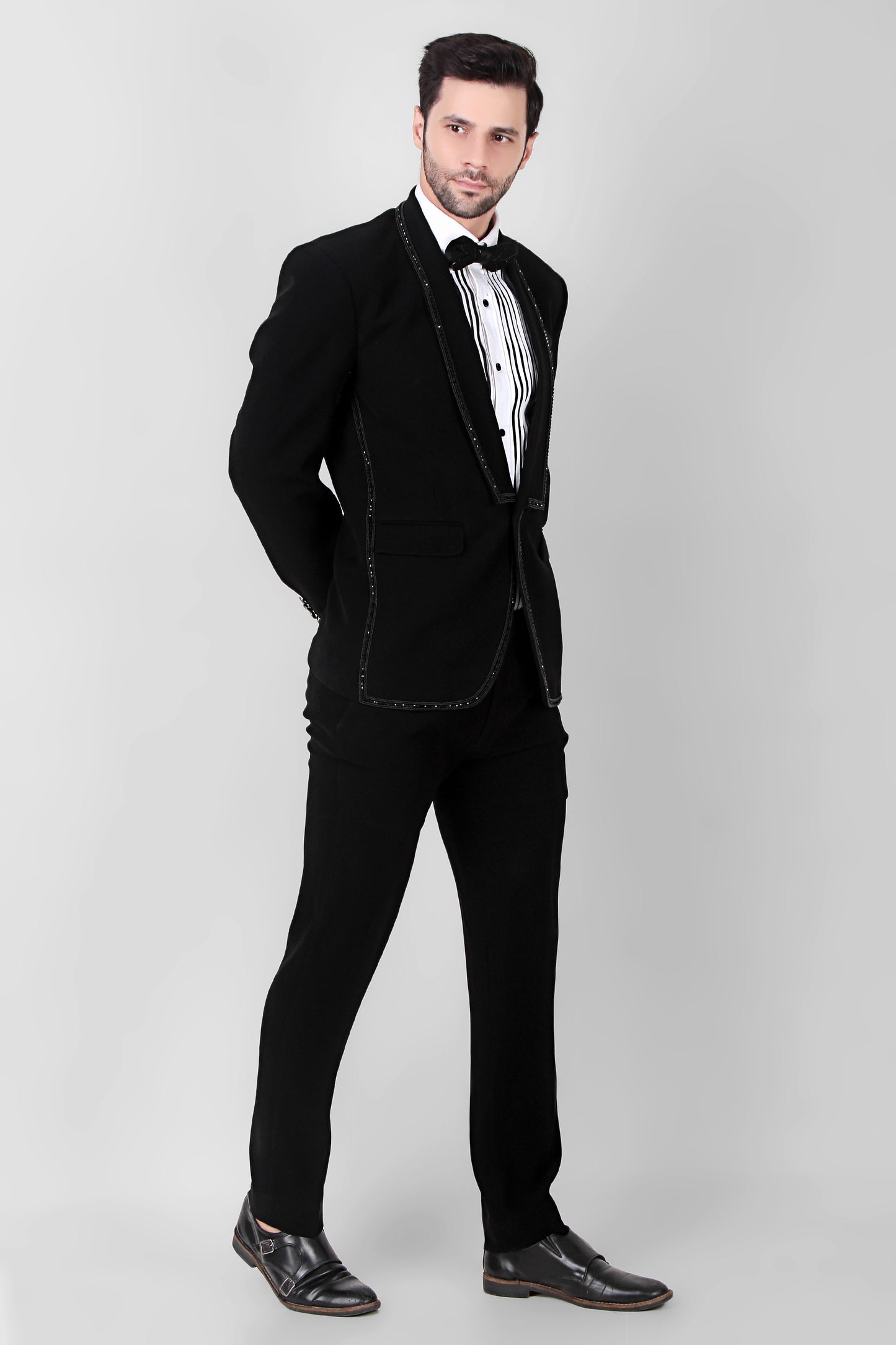 Side view - Men’s Tuxedo – Japanese Lycra in Black with Glass Bead Embroidery