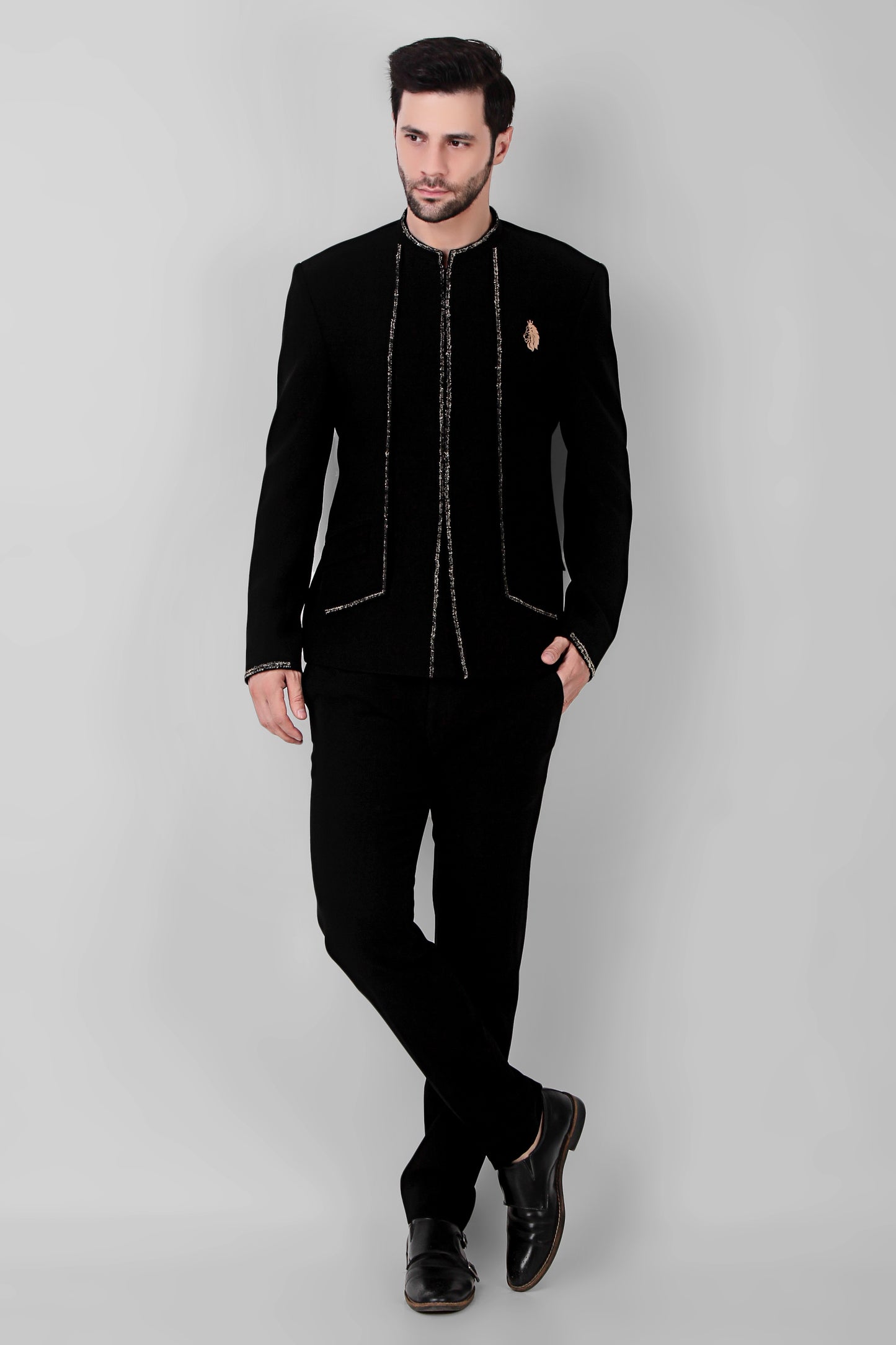 Front view - Men’s Bandhgala – Japanese Lycra in Black with Minimal Zari Embroidery