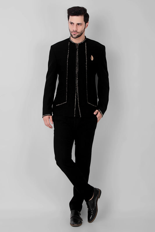 Men’s Bandhgala – Japanese Lycra in Black with Minimal Zari Embroidery | One Man Show