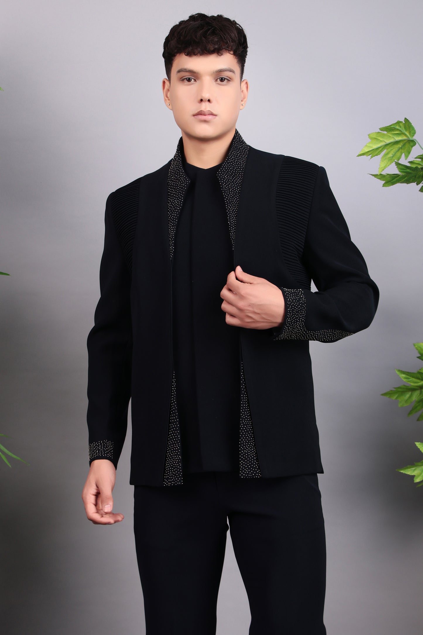 Detail view 2 - Men’s Bandhgala – Japanese Lycra in Midnight Blue with Pintex & Beads Embroidery