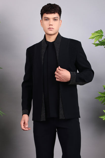 Men’s Bandhgala – Japanese Lycra in Midnight Blue with Pintex & Beads Embroidery | One Man Show