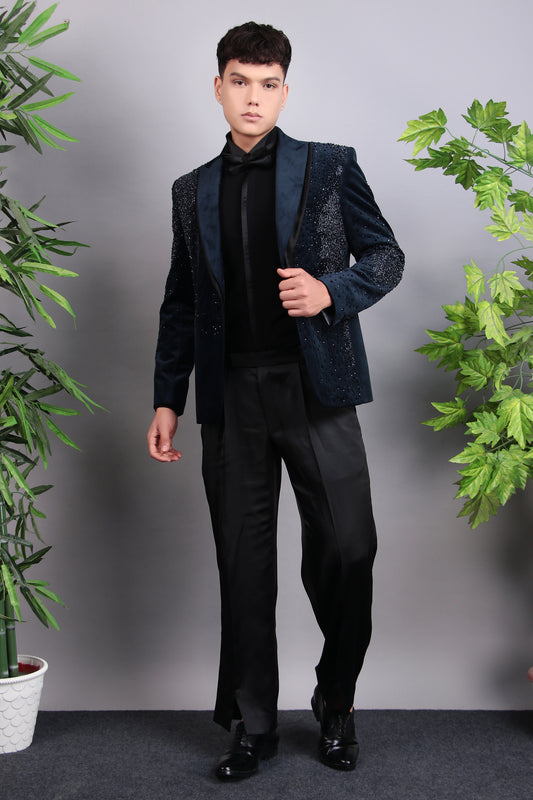Front view - Men’s Indo-Western – Suede Top in Blue with Glass Abstract Placement Embroidery