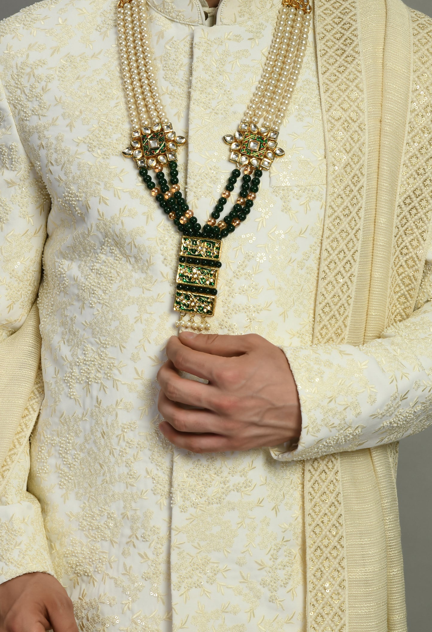 Side view - Men’s Sherwani – Silk in Cream with Detailed Hand Embroidery