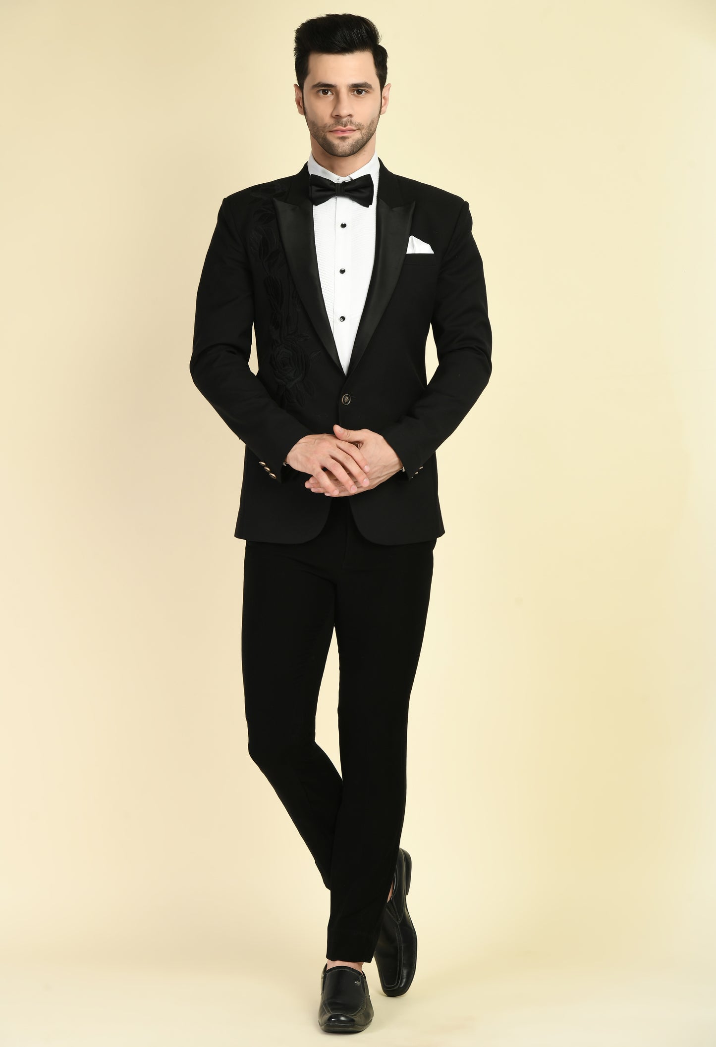 Front view - Men’s Tuxedo – Japanese Lycra in Black with Chest Placement Floral Thread Embroidery