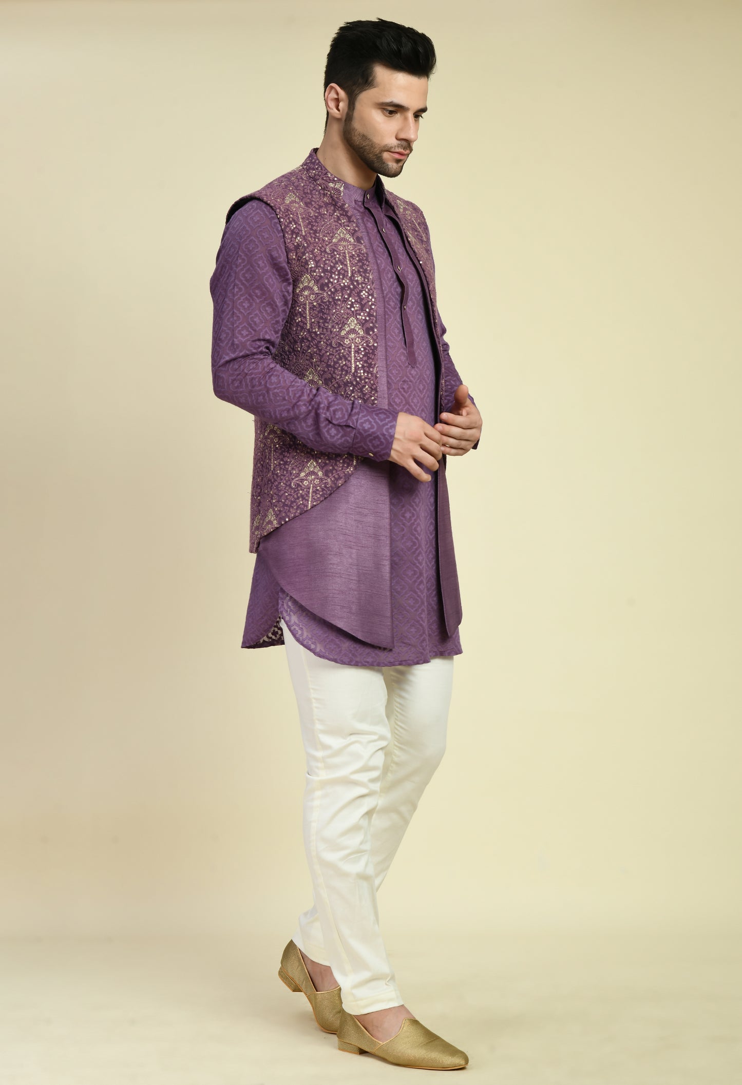 Back view - Men’s Nehru Jacket – Silk Georgette in Purple with Silk Thread and Zari Embroidery