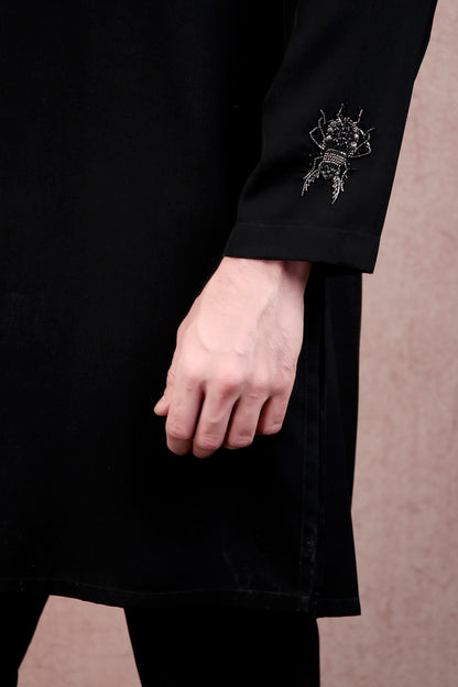 Men’s Kurta Set – Korean Wrinkle-Free in Black with Bug-Motif Embroidery & Half-Zip | One Man Show