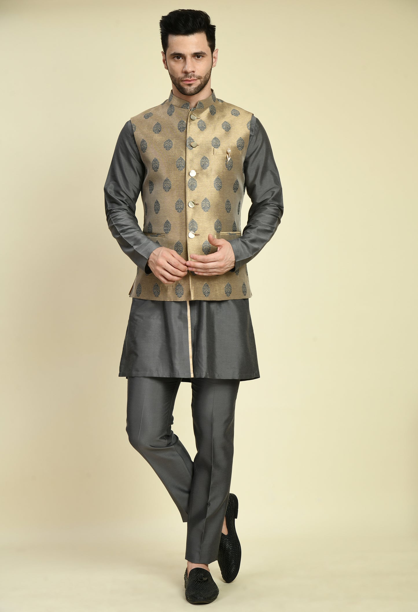 Side view - Men’s Nehru Jacket – Silk in Grey with Silk Jaquard Detail