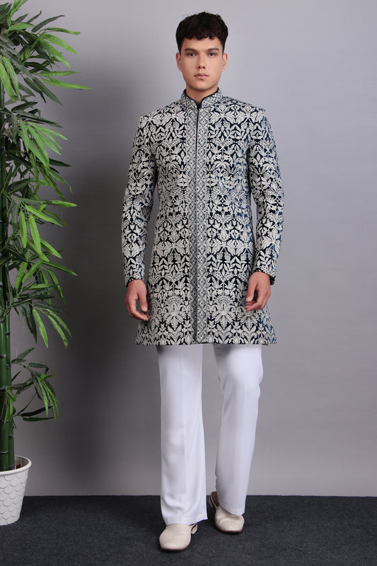 Front view - Men’s Indo-Western – Velvet Embroidered Fabric in Blue with Directional Embroidery
