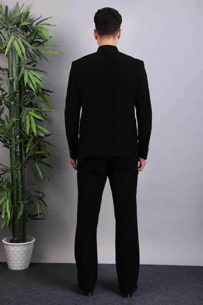 Men’s Bandhgala – Japanese Lycra in Black with Patch Motif Embroidery | One Man Show