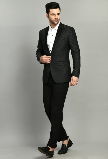 Men’s Tuxedo – Poly Jaquard in Black with Geometric Motif Tuxedo Blazer | One Man Show