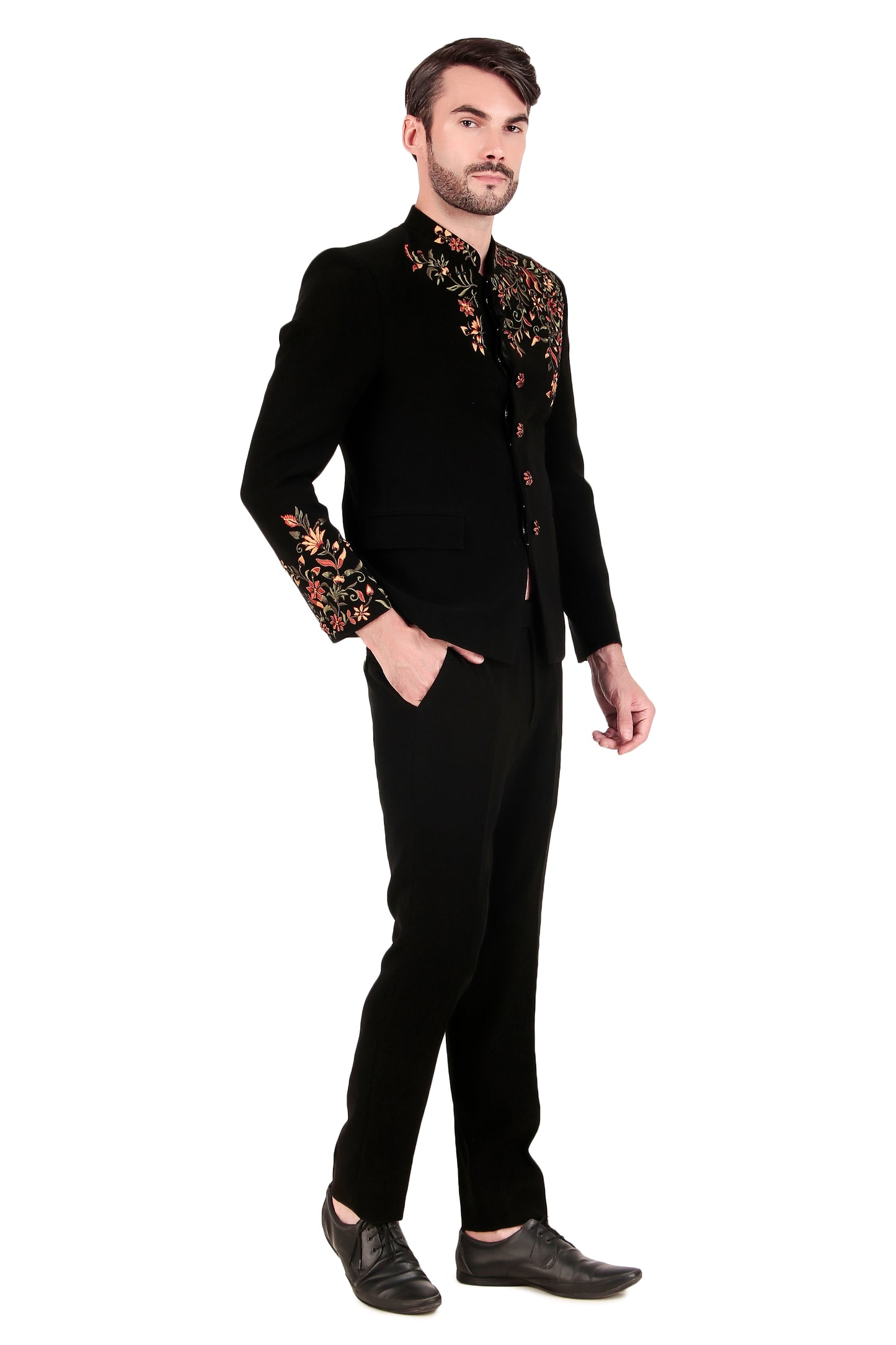 Detail view 1 - Men’s Bandhgala – Japanese Lycra in Black with Angrakha Bandhgala & Silk Thread Embroidery