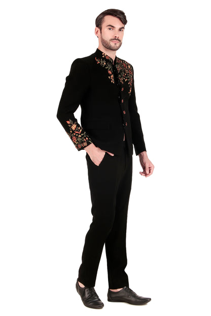 Men’s Bandhgala – Japanese Lycra in Black with Angrakha Bandhgala & Silk Thread Embroidery | One Man Show