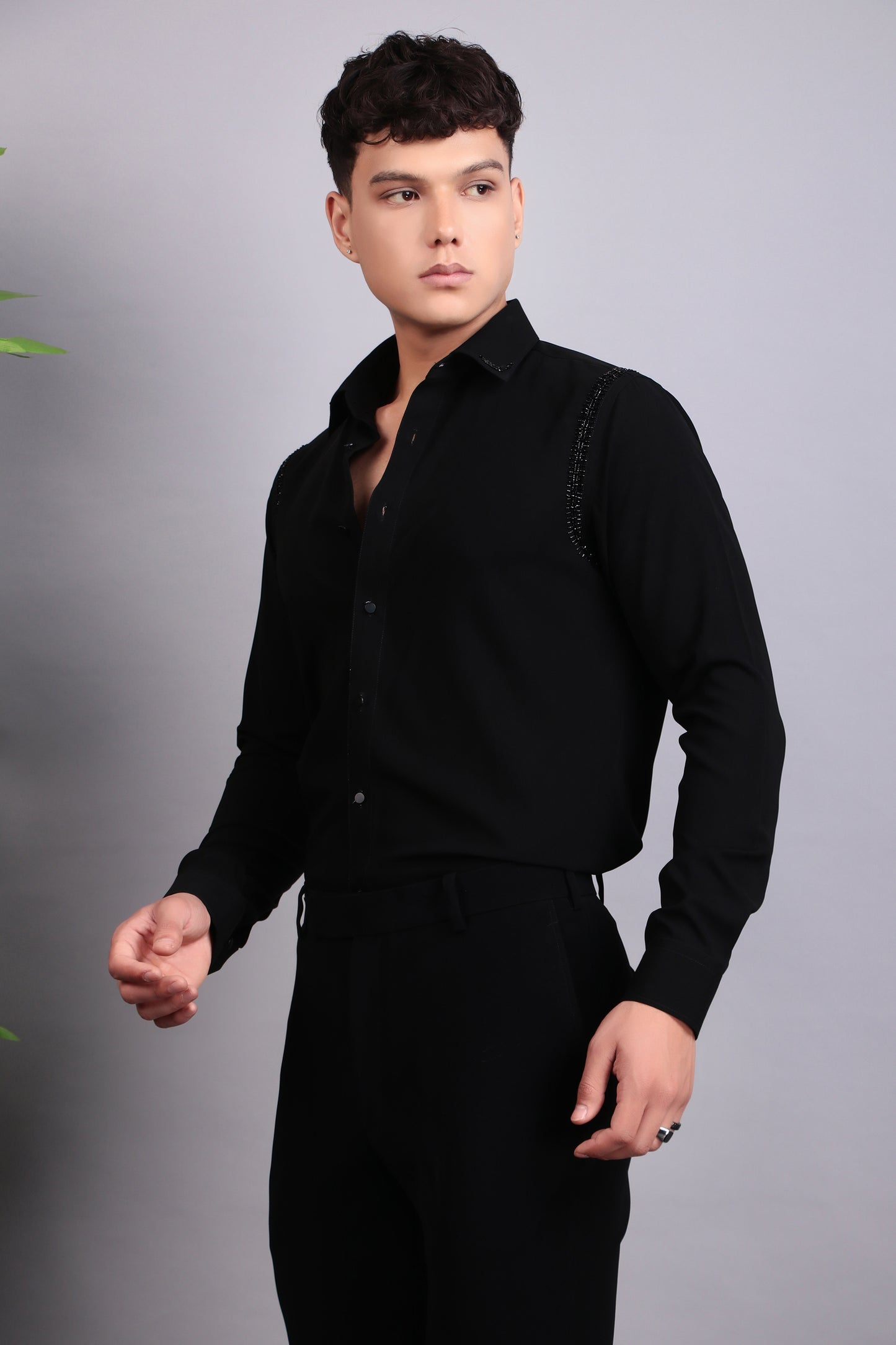 Men’s Shirt – Korean Wrinkle Free in Black with Shoulder Embroidery | One Man Show