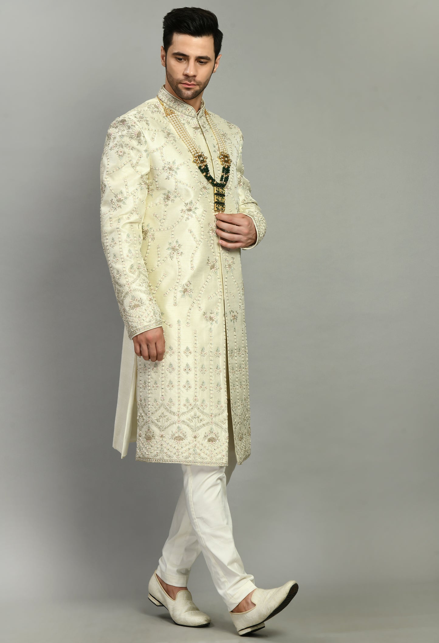 Front view - Men’s Sherwani – Silk in Ivory with Detailed Hand Embroidery