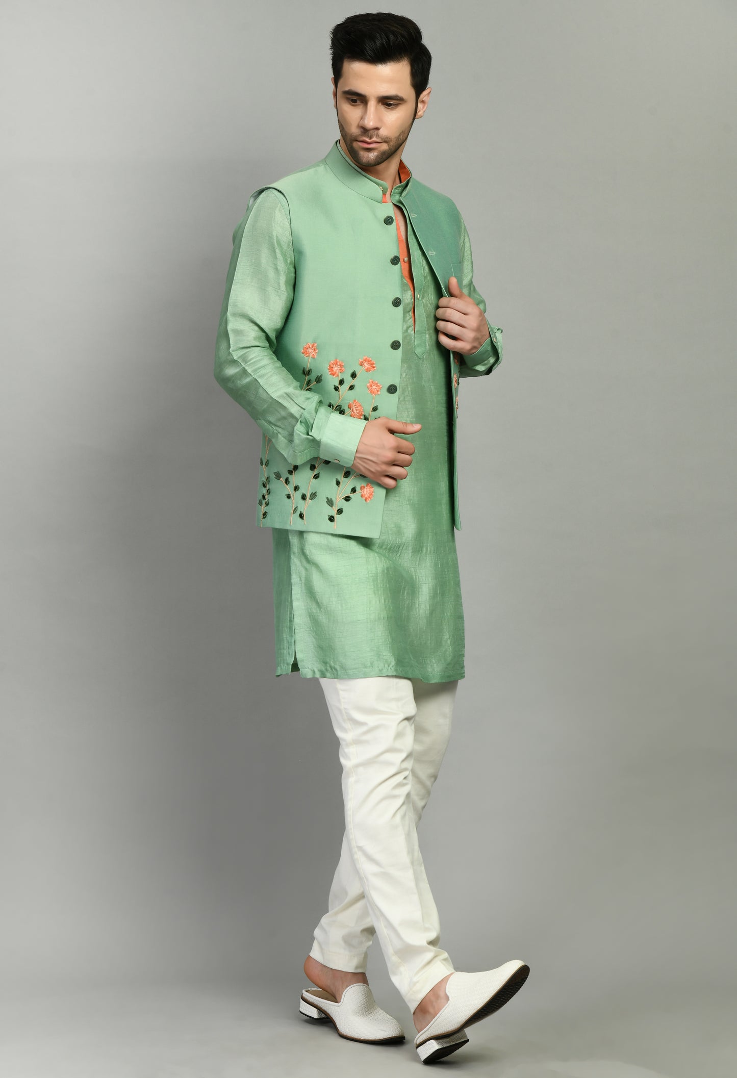 Front view - Men’s Nehru Jacket – Cotton Silk in Green with Silk Thread Embroidery