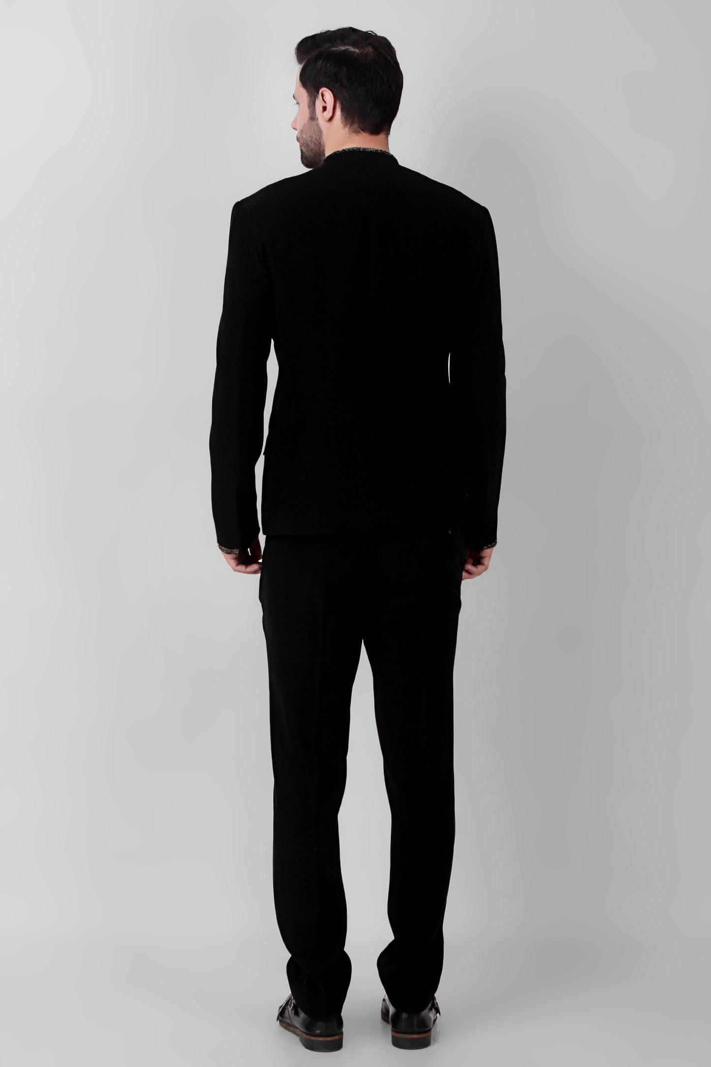 Side view - Men’s Bandhgala – Japanese Lycra in Black with Minimal Zari Embroidery