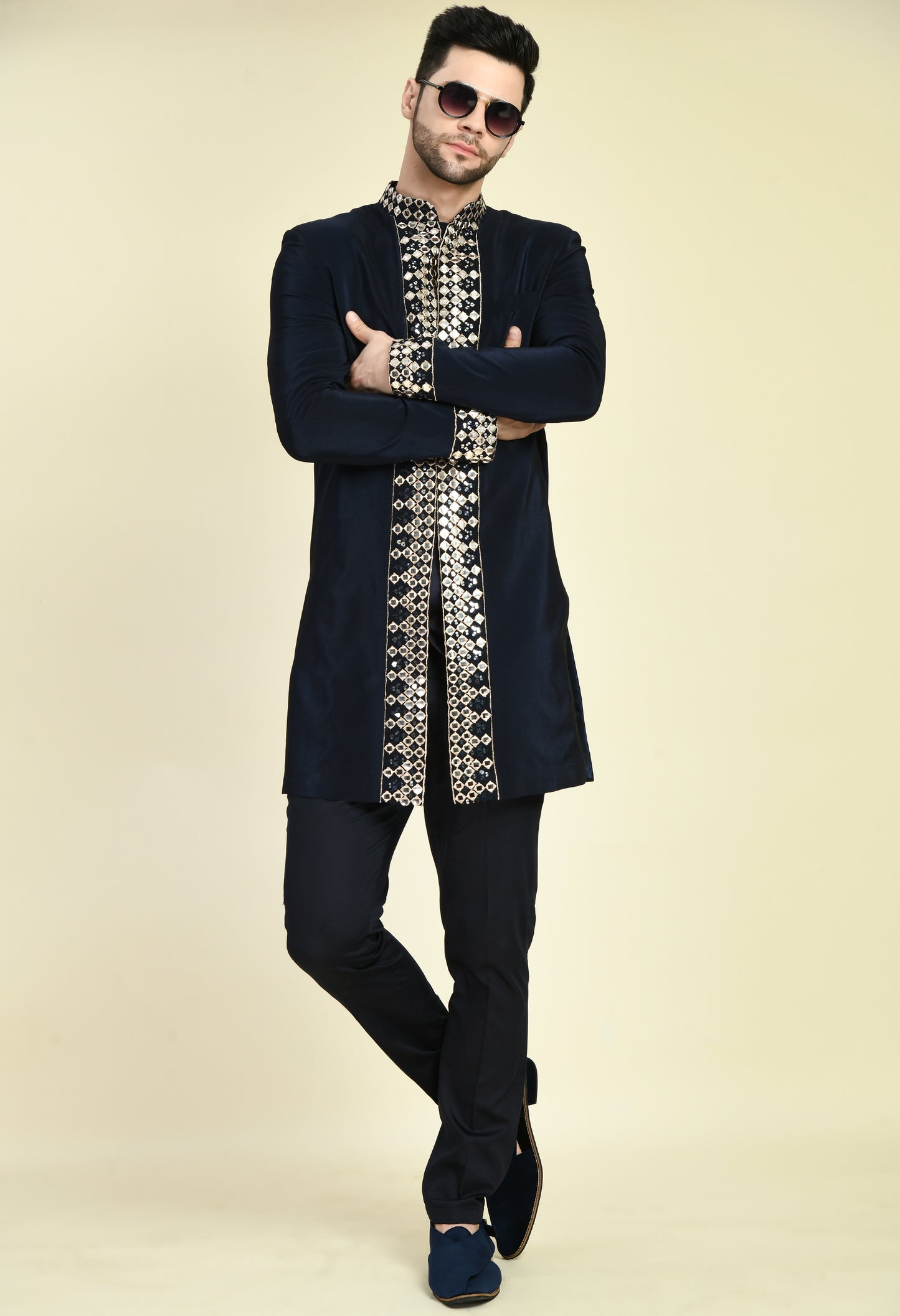 Detail view 3 - Men’s Indo-Western – Silk Crepe in Navy Blue with Mirror Work Embroidery