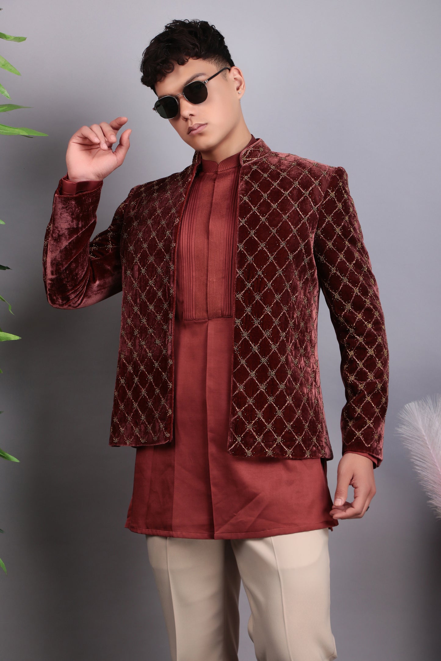 Men’s Indo-Western – Velvet Embroidered Fabric in Peach with Geometric Hand Embroidery | One Man Show