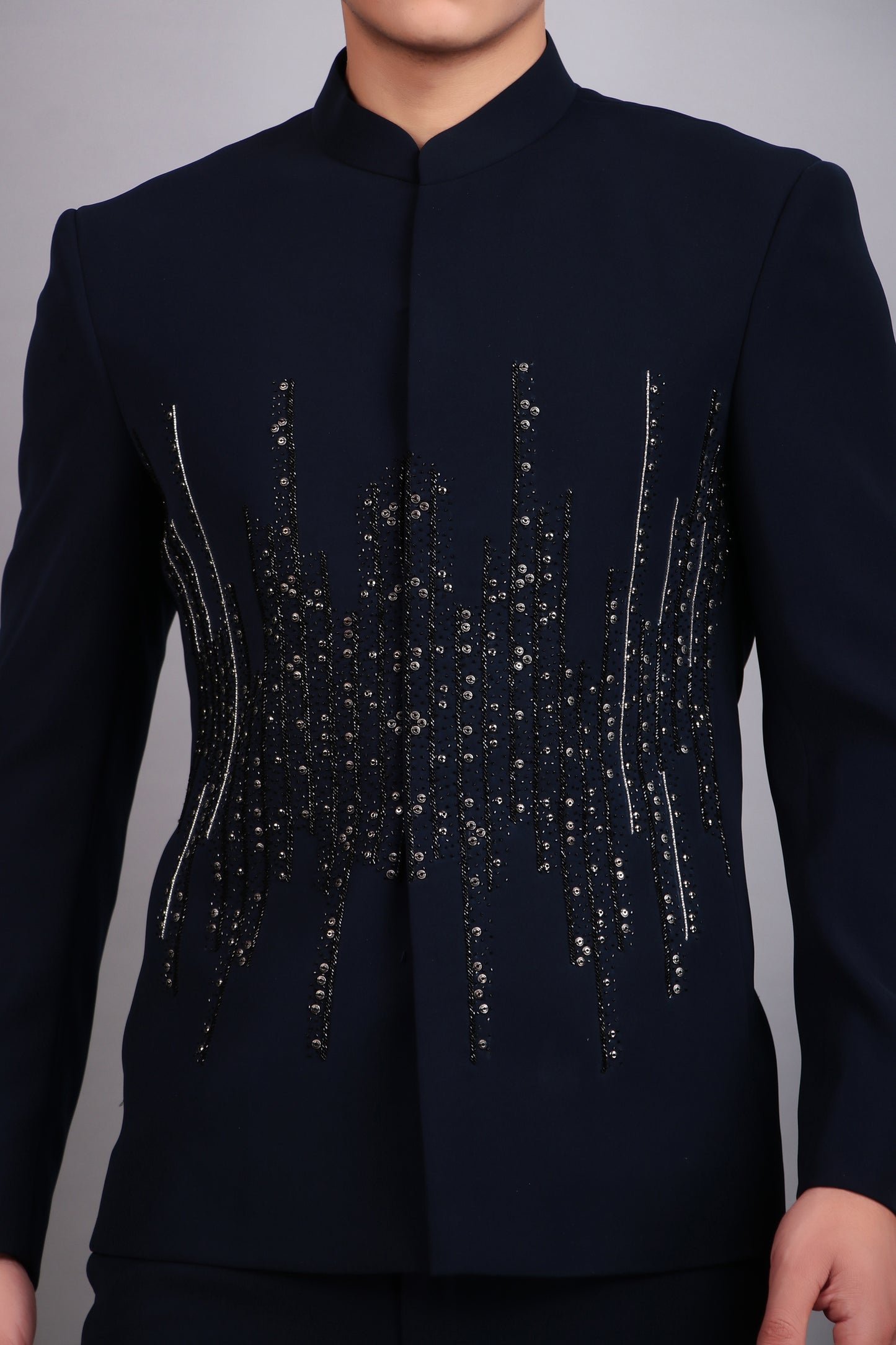 Back view - Men’s Bandhgala – Japanese Lycra in Navy Blue with Hand Embroidery