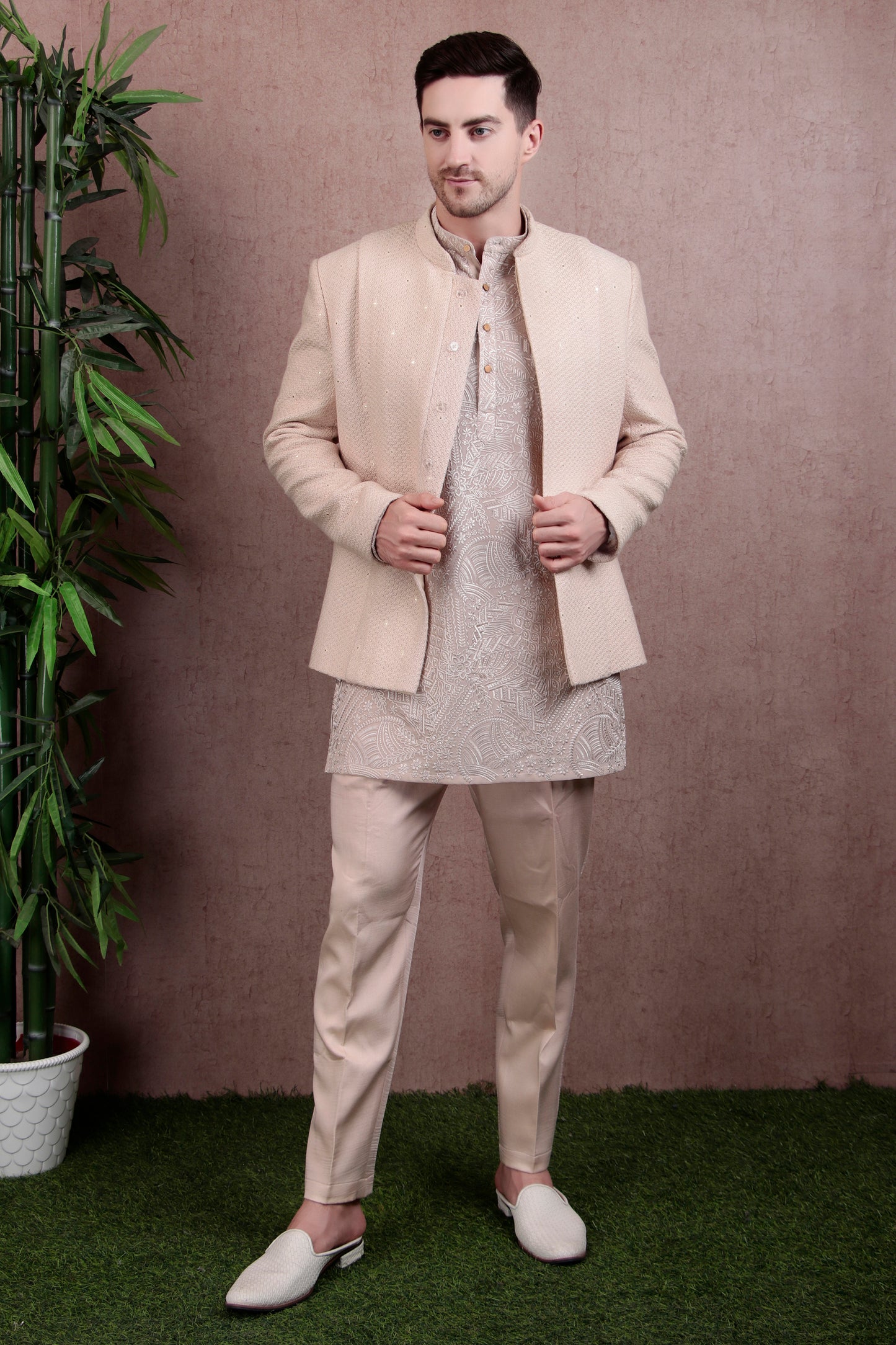 Men’s Kurta Set – Silk in Beige with Silk Thread Embroidered Jacket over Georgette Kurta | One Man Show