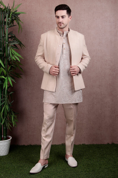 Men’s Kurta Set – Silk in Beige with Silk Thread Embroidered Jacket over Georgette Kurta | One Man Show